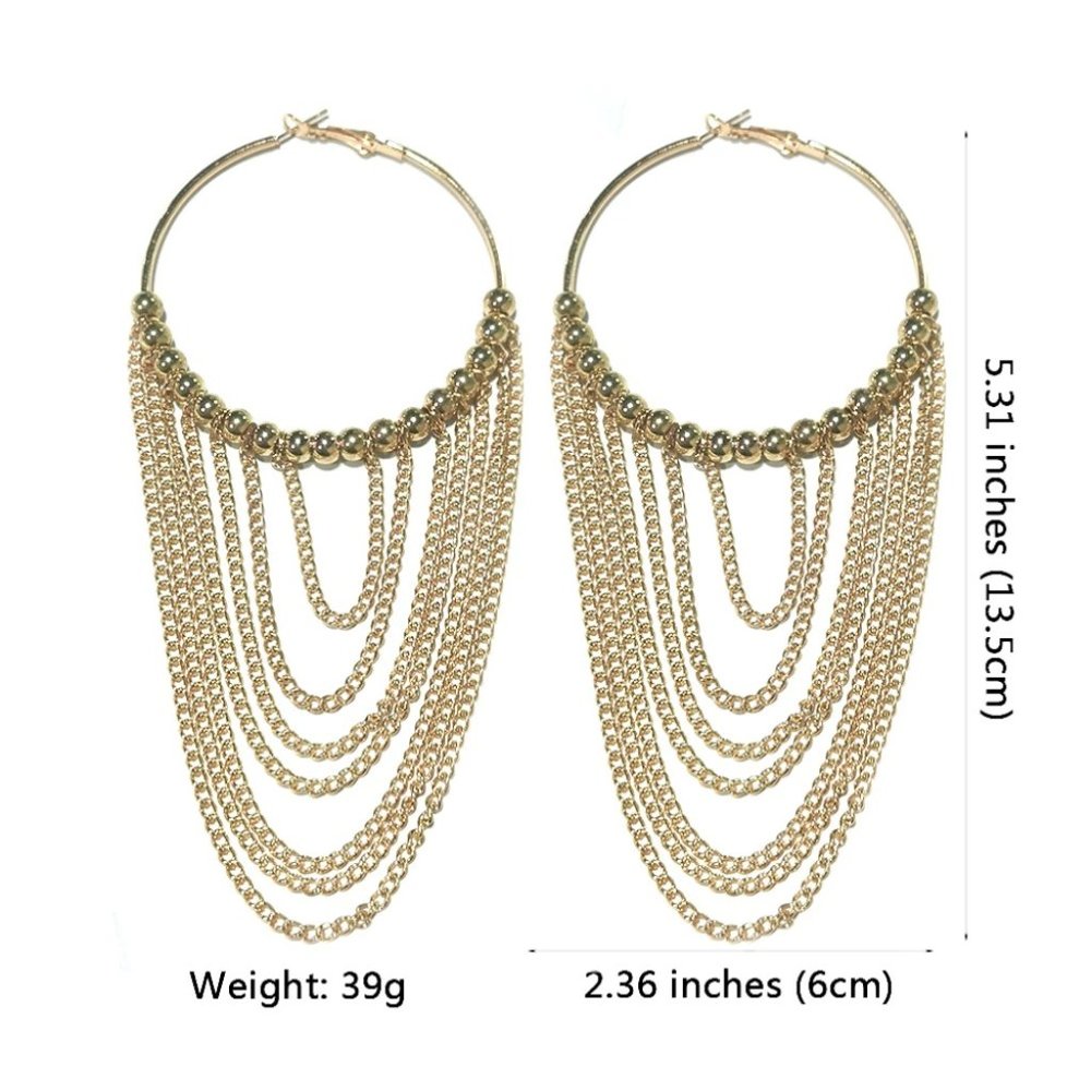 Indian Chain Dangle Earrings, Circular Metal Long Tassel Earrings (Small)